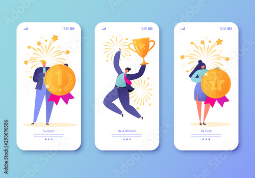 Mobile app page, screen set. Men and women celebrating victory. Business, success, teamwork, achievement, career theme. Happy business people with awards, gold cup and medals. Сoncept for website.