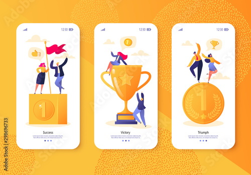 Mobile app page, screen set. Men and women celebrating victory. Business, success, teamwork, achievement, theme. Happy business people standing on the winner podium with awards gold cup and medal.