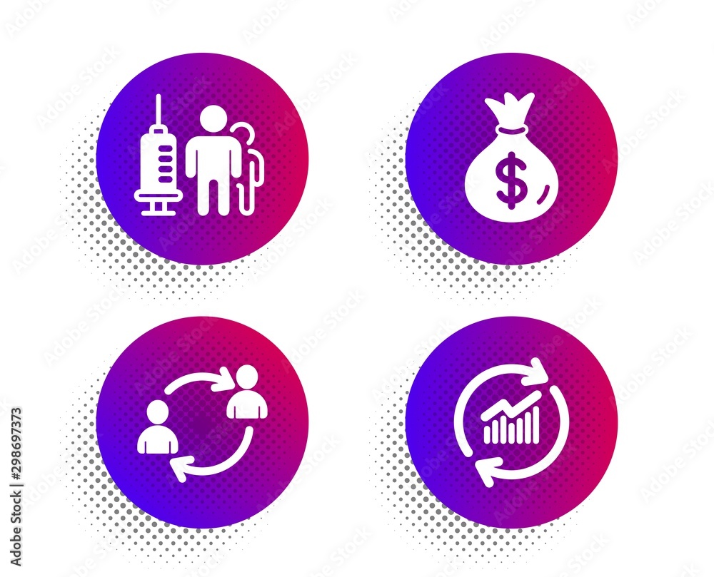 Medical vaccination, User communication and Money bag icons simple set. Halftone dots button. Update data sign. Syringe vaccine, Human resources, Usd currency. Sales statistics. Business set. Vector Medical vaccination, User communication and Money bag icons simple set. Halftone dots button. Update data sign. Syringe vaccine, Human resources, Usd currency. Sales statistics. Business set. Vector