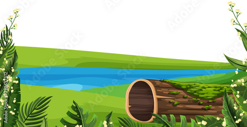 Landscape background with lake and green grass