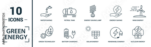 Power And Energy icon set. Include creative elements green energy, solar energy, biomass, energy development, energy saving lamp icons. Can be used for report, presentation, diagram, web design