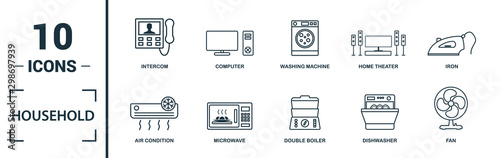 Household icon set. Include creative elements home fridge, electric hob, fan, dishwasher, double boiler icons. Can be used for report, presentation, diagram, web design
