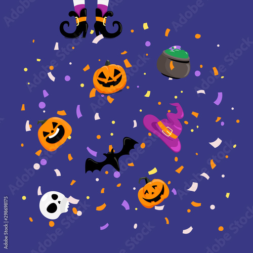 Halloween greeting card concept. Flying paper confetti and holiday accessories