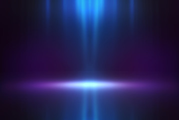 Empty background scene. Dark street reflection on wet asphalt. Rays of neon light in the dark, neon shapes, smoke. Background of an empty stage show. Abstract dark background.