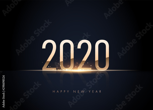 Happy new 2020 year Elegant gold text with light in black background with shining bokeh. Minimalistic template. vector illustration