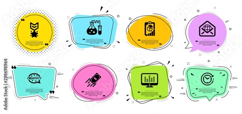 Winner medal, Fast payment and Web mail line icons set. Chat bubbles with quotes. Time change, Report and Creativity signs. Chemistry lab, Music making symbols. Ranking star, Finance transfer. Vector