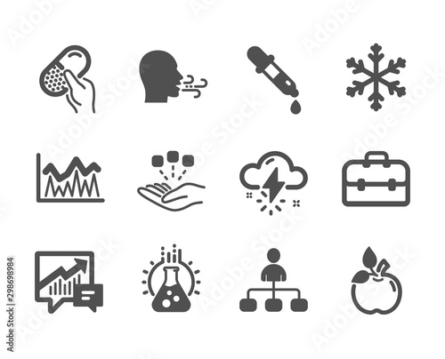 Fototapeta Naklejka Na Ścianę i Meble -  Set of Science icons, such as Thunderstorm weather, Breathing exercise, Chemistry pipette, Chemistry lab, Management, Investment, Portfolio, Capsule pill, Eco food, Accounting, Snowflake. Vector