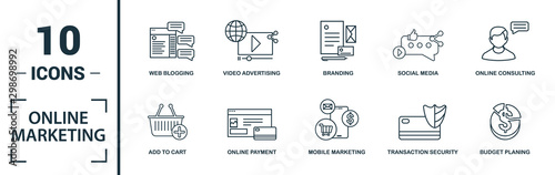 Online Marketing icon set. Include creative elements email marketing, mobile marketing, referral, marketing plan, social icons. Can be used for report, presentation, diagram, web design