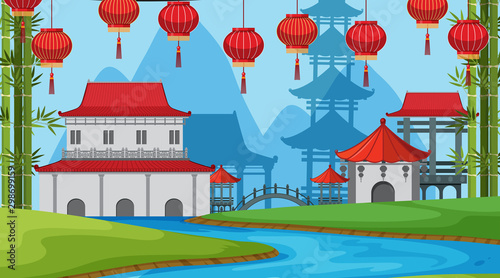 An outdoor scene with Asian castle