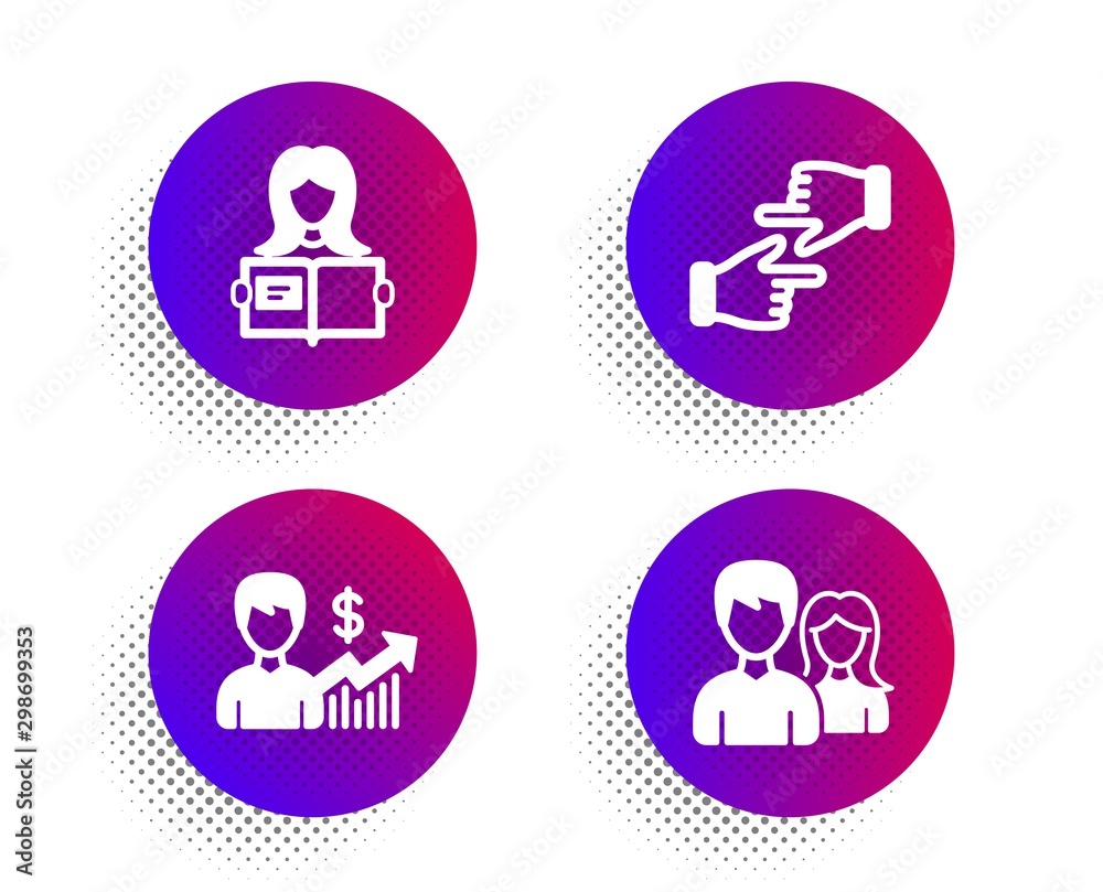 Click hands, Business growth and Woman read icons simple set. Halftone dots button. Couple sign. Direction, Earnings results, Girl studying. Male and female. People set. Vector Click hands, Business growth and Woman read icons simple set. Halftone dots button. Couple sign. Direction, Earnings results, Girl studying. Male and female. People set. Vector