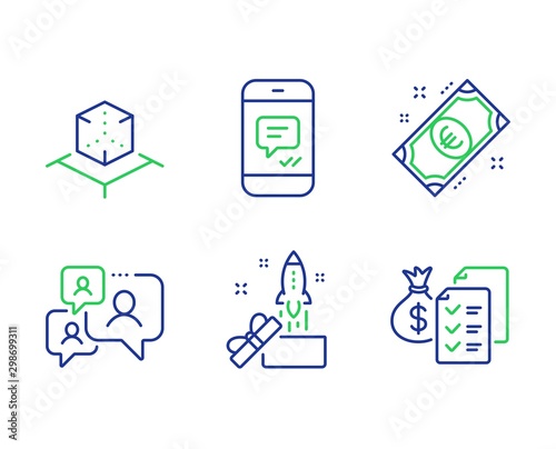 Augmented reality, Support chat and Euro money line icons set. Message, Innovation and Accounting wealth signs. Virtual reality, Comment bubble, Cash. Phone messenger. Business set. Vector