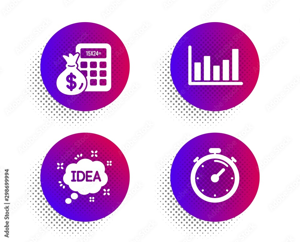 Idea, Finance calculator and Column chart icons simple set. Halftone dots button. Timer sign. Creative message, Calculate money, Financial graph. Deadline management. Education set. Vector