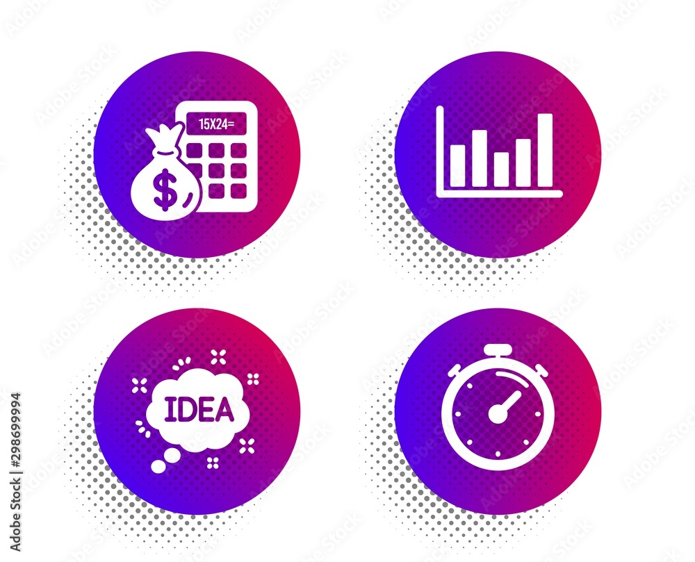 Idea, Finance calculator and Column chart icons simple set. Halftone dots button. Timer sign. Creative message, Calculate money, Financial graph. Deadline management. Education set. Vector Idea, Finance calculator and Column chart icons simple set. Halftone dots button. Timer sign. Creative message, Calculate money, Financial graph. Deadline management. Education set. Vector