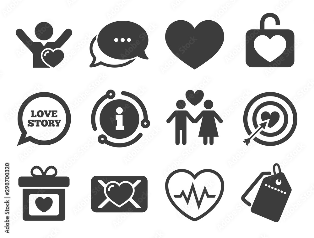 Target with heart, oath letter and locker symbols. Discount offer tag, chat, info icon. Love, valentine day icons. Couple lovers, heartbeat signs. Classic style signs set. Vector