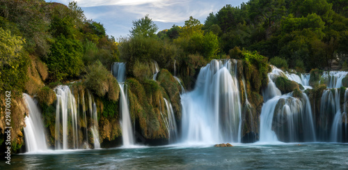 Krka National Park-panorama of the waterfall against the beautiful evening sky Skradinski Buk Waterfall