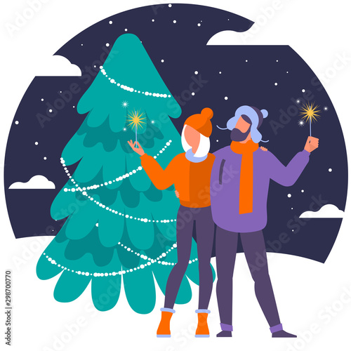 Christmas concept illustration of young people with bengal lights and New Year tree. Flat men and women standing near big Christmas tree with gift box.
