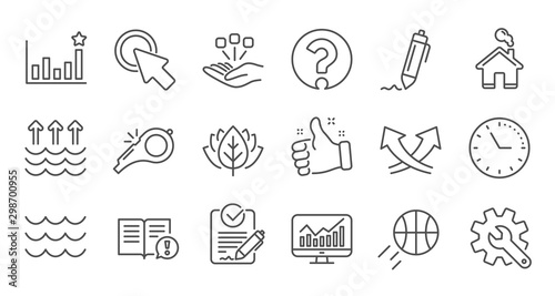 Waves, Whistle and Global warming line icons. Signature, Analytics and Question mark. Linear icon set. Quality line set. Vector