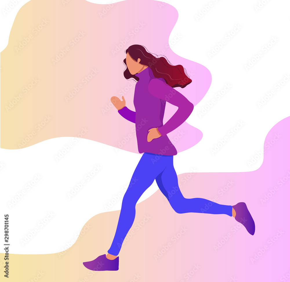Vector illustration with running girl in flat style. Woman doing training outdoor