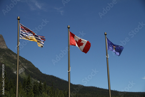 waving flags of canada, british columbia and alberta at continental divide