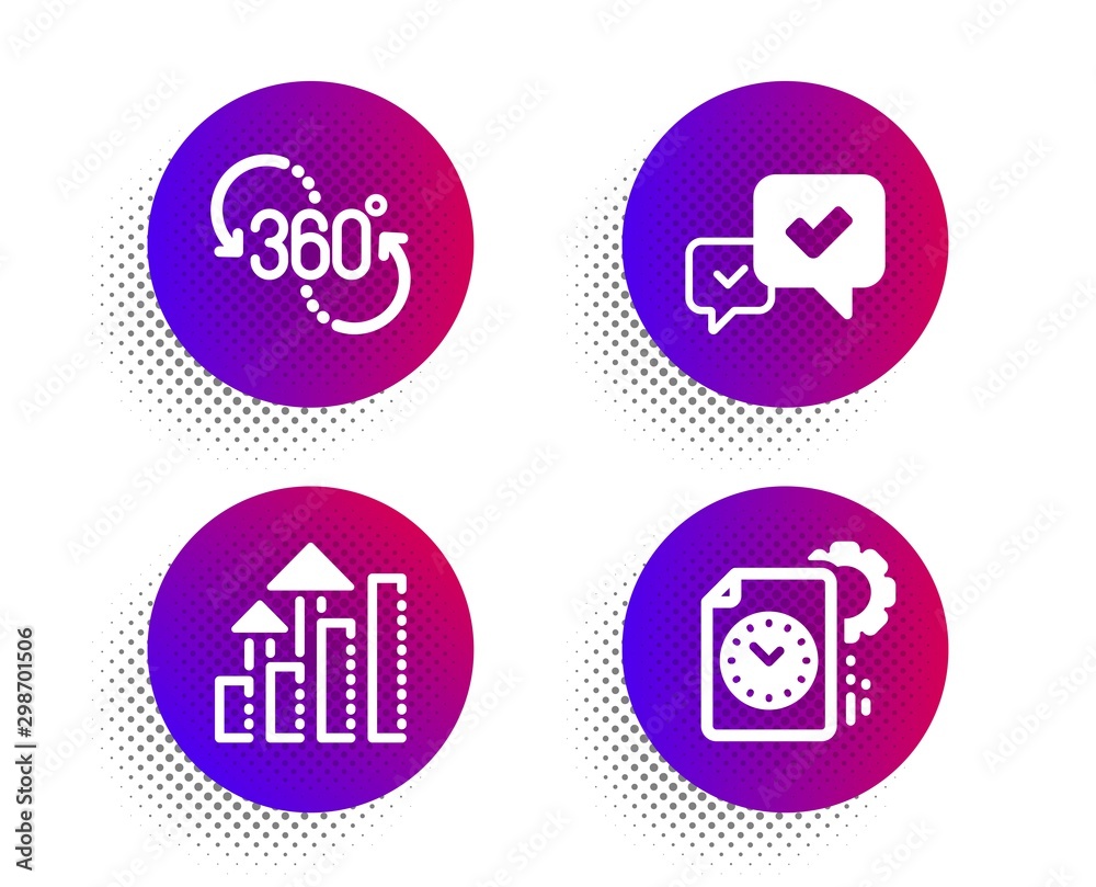 360 degree, Analysis graph and Approve icons simple set. Halftone dots button. Project deadline sign. Virtual reality, Targeting chart, Accepted message. Time management. Technology set. Vector