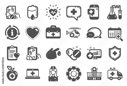 Medical rx icons. Hospital assistance, Ambulance, Health food diet, Laboratory tubes icons. First aid kit, Medical doctor, Prescription Rx recipe. Drop counter, Ambulance emergency car. Vector