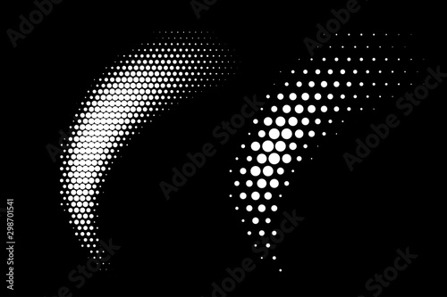 Halftone vector circle dots gradient pattern isolated on black background. Curve dotted spots using white halftone dot raster texture. Blot half tone collection.