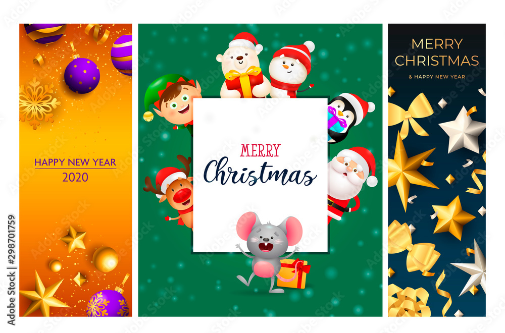 Fototapeta premium Merry Christmas orange, green, blue banner set with animals