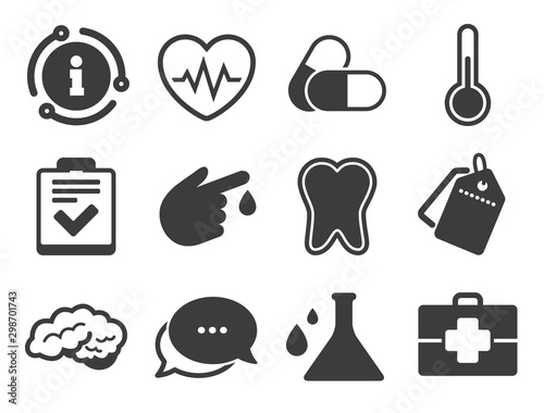 Tooth, pills and doctor case signs. Discount offer tag, chat, info icon. Medicine, healthcare and diagnosis icons. Neurology, blood test symbols. Classic style signs set. Vector