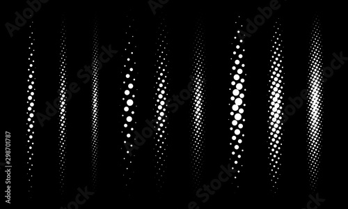 Halftone vector divider lines set. Circle dots linear gradient pattern textures isolated on black background. Straight dotted spots using halftone circle dot raster texture. Lineal blot half tone.