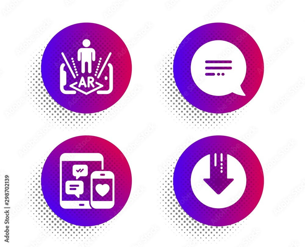 Augmented reality, Social media and Text message icons simple set. Halftone dots button. Download arrow sign. Phone simulation, Mobile devices, Chat bubble. Crisis. Technology set. Vector Augmented reality, Social media and Text message icons simple set. Halftone dots button. Download arrow sign. Phone simulation, Mobile devices, Chat bubble. Crisis. Technology set. Vector