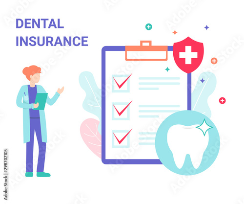 Dental insurance. Doctor dentist woman with clipboard checklist and protected teeth. Illustration for web page, banner, poster, template, layout. Flat modern vector concept illustration.