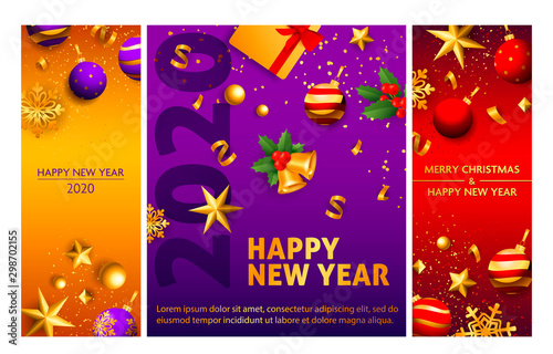 New Year orange, violet, red banner set with baubles, gifts