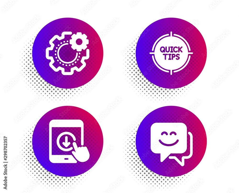 Tips, Cogwheel and Scroll down icons simple set. Halftone dots button. Smile face sign. Quick tricks, Engineering tool, Swipe arrow. Chat. Technology set. Classic flat tips icon. Vector Tips, Cogwheel and Scroll down icons simple set. Halftone dots button. Smile face sign. Quick tricks, Engineering tool, Swipe arrow. Chat. Technology set. Classic flat tips icon. Vector