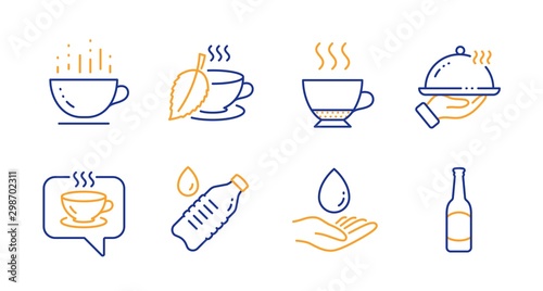 Water care, Espresso and Coffee line icons set. Water bottle, Coffee cup and Restaurant food signs. Mint tea, Beer symbols. Aqua drop, Hot drink. Food and drink set. Line water care icon. Vector