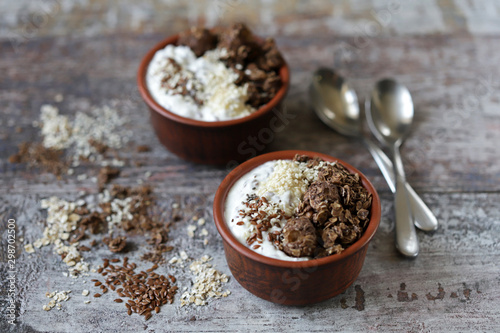 Healthy breakfast or snack with yogurt, seeds and chocolate granola. Selective focus. Macro.