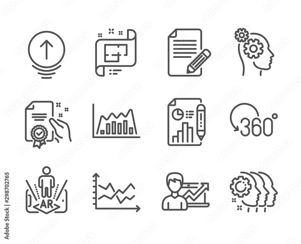 Set of Science icons, such as Thoughts, Employees teamwork, Report document, Certificate, Architectural plan, Swipe up, Success business, Augmented reality, Full rotation, Article. Vector Set of Science icons, such as Thoughts, Employees teamwork, Report document, Certificate, Architectural plan, Swipe up, Success business, Augmented reality, Full rotation, Article. Vector