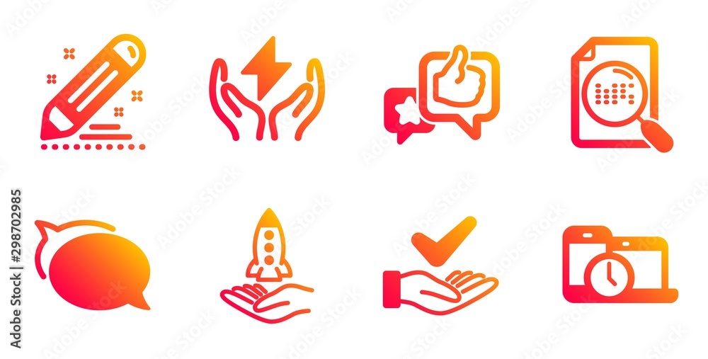 Like, Dermatologically tested and Search file line icons set. Talk bubble, Brand contract and Crowdfunding signs. Safe energy, Time management symbols. Star rating, Organic. Technology set. Vector