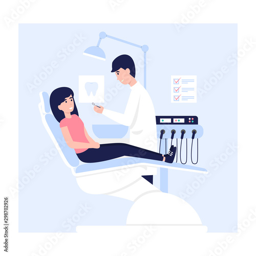 Woman sits in a dental chair in the hospital office. Young doctor man and female patient medicine care teeth flat vector concept illustration.