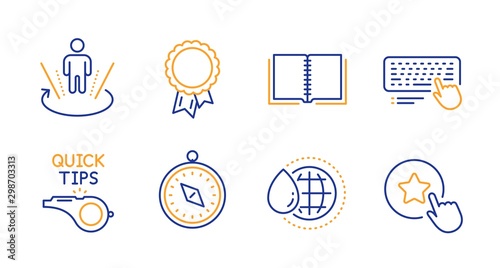 Success, Augmented reality and Book line icons set. Travel compass, Tutorials and Computer keyboard signs. World water, Loyalty star symbols. Award reward, Virtual reality. Business set. Vector