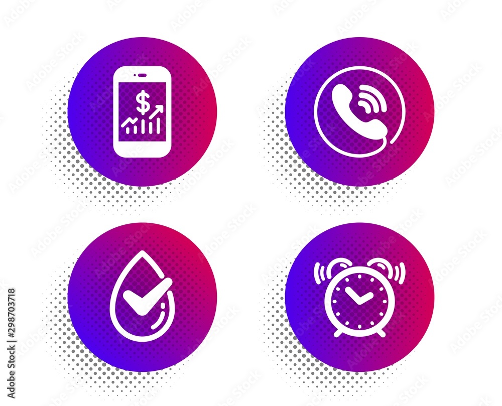 Mobile finance, Dermatologically tested and Call center icons simple set. Halftone dots button. Alarm clock sign. Phone accounting, Organic, Phone support. Time. Technology set. Vector