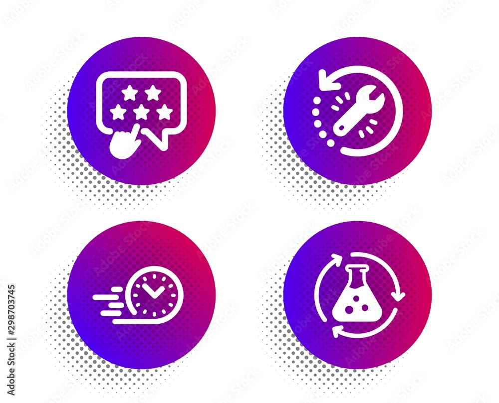 Ranking star, Recovery tool and Fast delivery icons simple set. Halftone dots button. Chemistry experiment sign. Click rank, Backup info, Stopwatch. Laboratory flask. Technology set. Vector