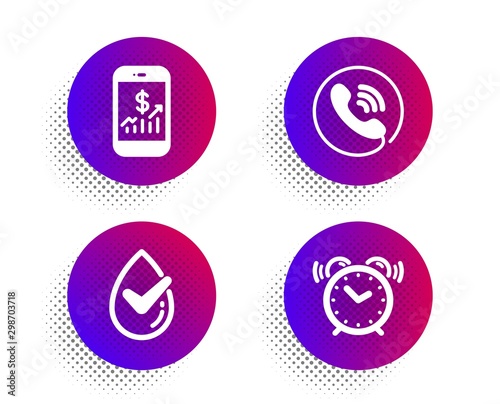 Mobile finance, Dermatologically tested and Call center icons simple set. Halftone dots button. Alarm clock sign. Phone accounting, Organic, Phone support. Time. Technology set. Vector
