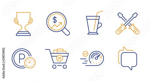 Remove purchase, Award cup and Currency audit line icons set. Screwdriverl, Parking time and Speedometer signs. Coffee cup, Messenger symbols. Delete from cart, Trophy. Business set. Vector
