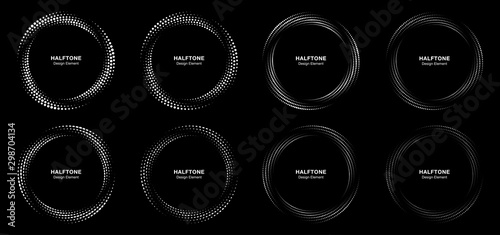 Halftone circle dotted frame circularly distributed set. Abstract dots logo emblem design element. Round border icon using halftone circle dot texture. Half tone circular background pattern. Vector.