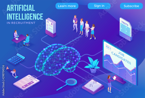Artificial intelligence human resources, recruiting agency landing page template with 3d employer hiring worker, job interview, candidate smart search work, business people, isometric illustration