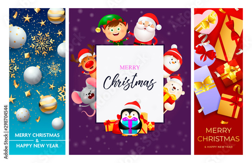 Merry Christmas blue  violet  red banner set with animals