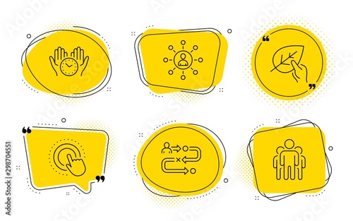 Organic tested, Safe time and Group signs. Chat bubbles. Journey path, Networking and Click hand line icons set. Project process, Business communication, Touch gesture. Paraben. People set. Vector