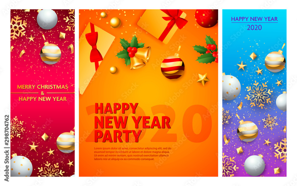 Happy New Year pink, orange, red banner set with bells