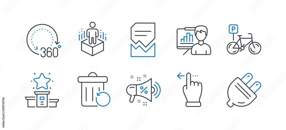 Set of Business icons, such as Augmented reality, Winner podium, Recovery trash, Presentation board, Touchscreen gesture, Bicycle parking, Sale megaphone, 360 degrees, Corrupted file. Vector