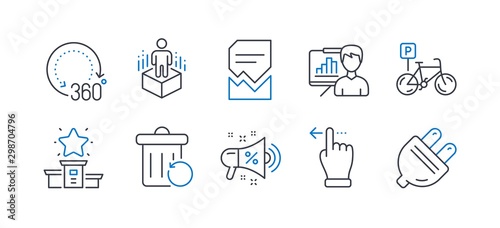 Set of Business icons, such as Augmented reality, Winner podium, Recovery trash, Presentation board, Touchscreen gesture, Bicycle parking, Sale megaphone, 360 degrees, Corrupted file. Vector